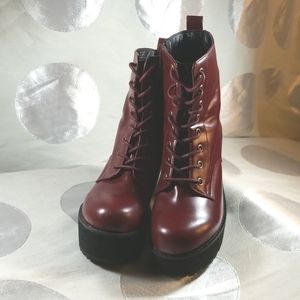 Shellys London Burgundy Platform Combat Boots Lace Up and Side Zip G US 6
